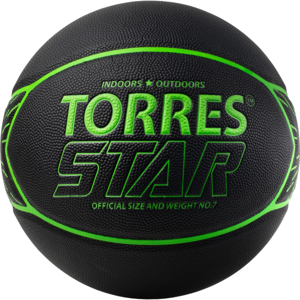 Мяч баск. TORRES Star, B323127, р.7, 7 панел.,ПУ-композит, нейлон. корд, бут.кам., черно-зеленый