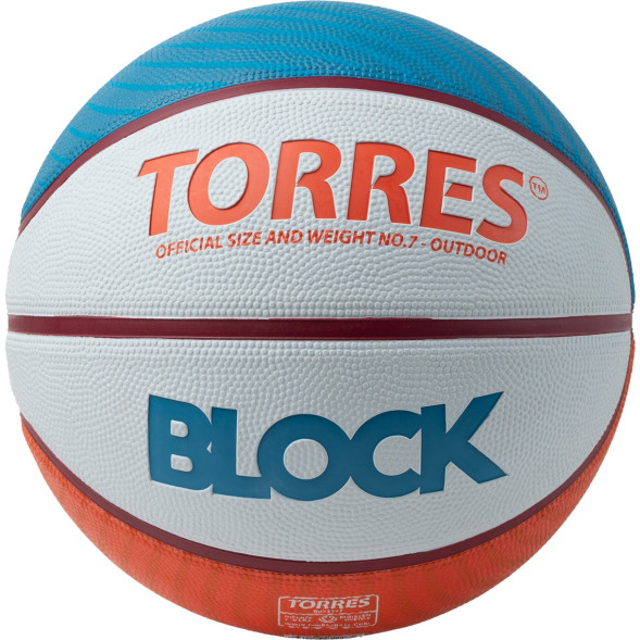 Мяч баск  TORRES Block, B023167, р 7, резина, нейлон  корд, бут  камера, светл-серо-сине-оранжевый