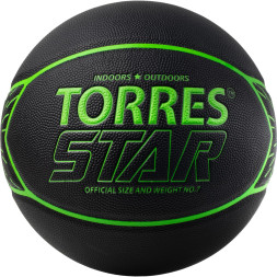 Мяч баск  TORRES Star, B323127, р 7, 7 панел ,ПУ-композит, нейлон  корд, бут кам , черно-зеленый