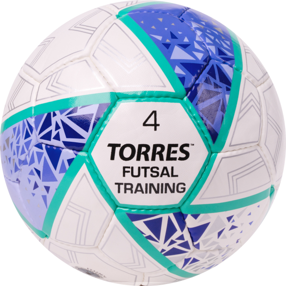 Мяч футзал. TORRES Futsal Training, FS323674, р.4,32 пан. ПУ, 4 подкл. слоя, ручн.сш,бело-фиолет-зел