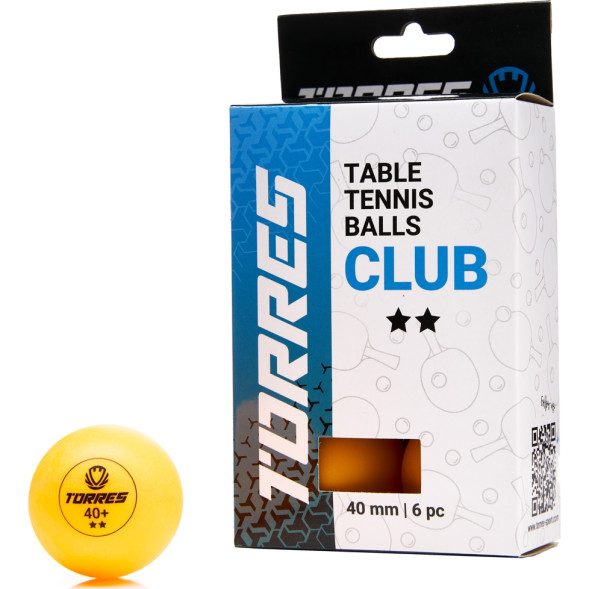 Мяч для наст  тенниса TORRES Club 2*, TT23013, диам  40+ мм, упак  6 шт, оранжевый