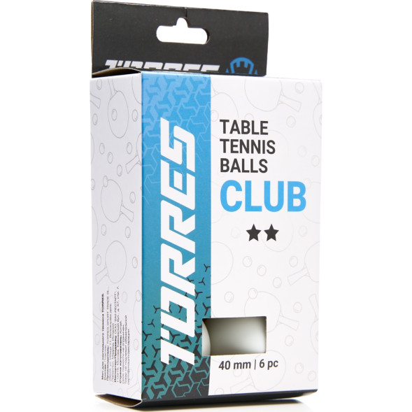 Мяч для наст  тенниса TORRES Club 2*, TT23014, диам  40+мм, упак  6 шт, белый