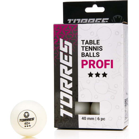 Мяч для наст  тенниса TORRES Profi 3*, TT23012, диам  40+мм, упак  6 шт, белый