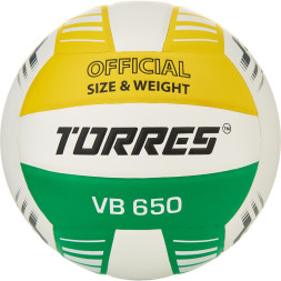 Мяч вол. TORRES VB 650, V32425, р.5, синт.кожа полиуретан, клееный, бут.кам, бел-зелено-желт
